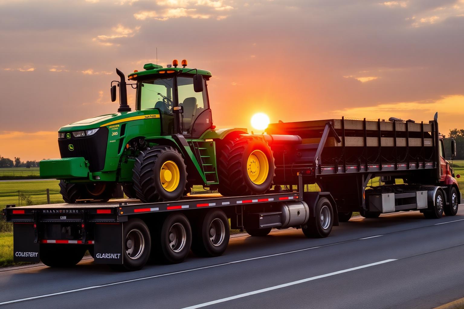 Row-crop tractor secured on a step deck heavy haul trailer
