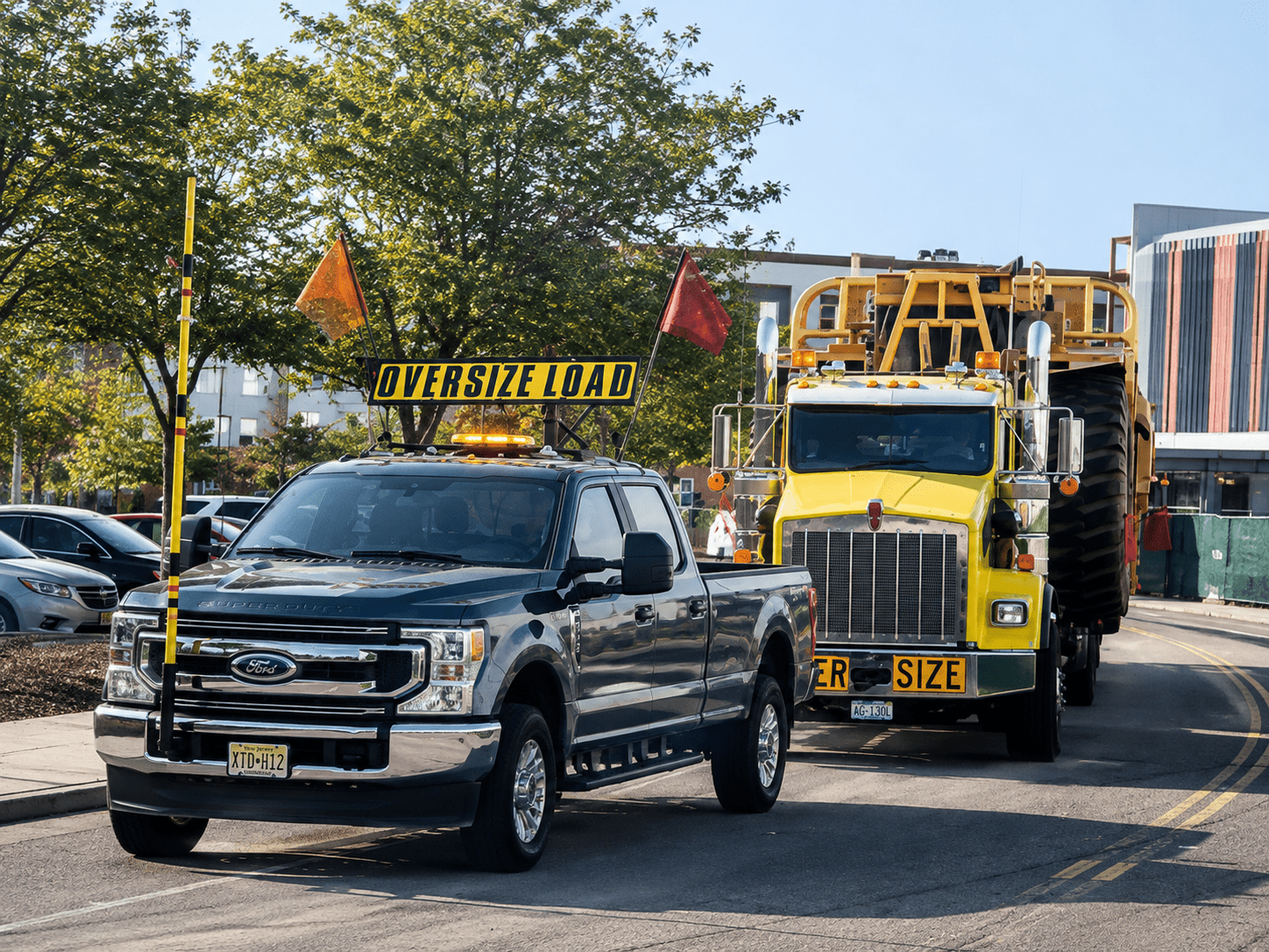 Pilot Car Service, loaded heavy haul trailer